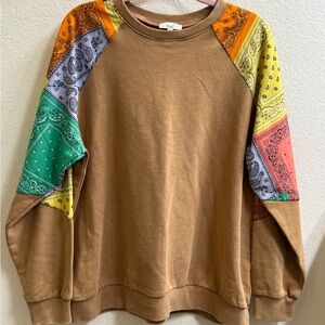 Easel Tan w/Orange, Purple, Green & Yellow Bandana Print Accents Sweatshirt - L